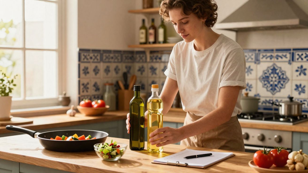 Jovem na cozinha segurando garrafas de óleo ao preparar legumes e salada fresca em bancada de madeira.