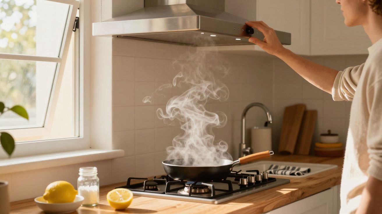 Pessoa ajustando exaustor enquanto vapor sai de frigideira no fogão em cozinha iluminada pela luz natural.