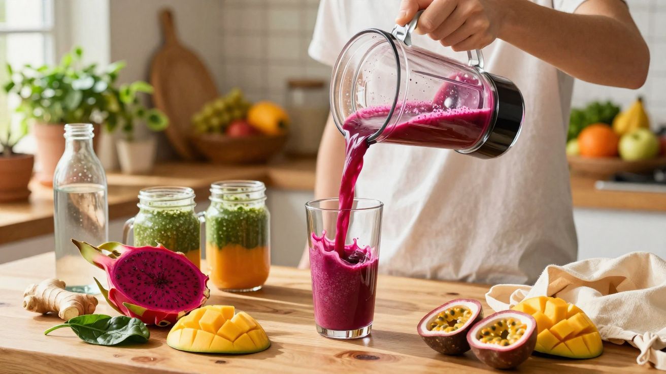Pessoa servindo suco roxo de fruta em copo, com frutas frescas e pote de sementes na mesa.