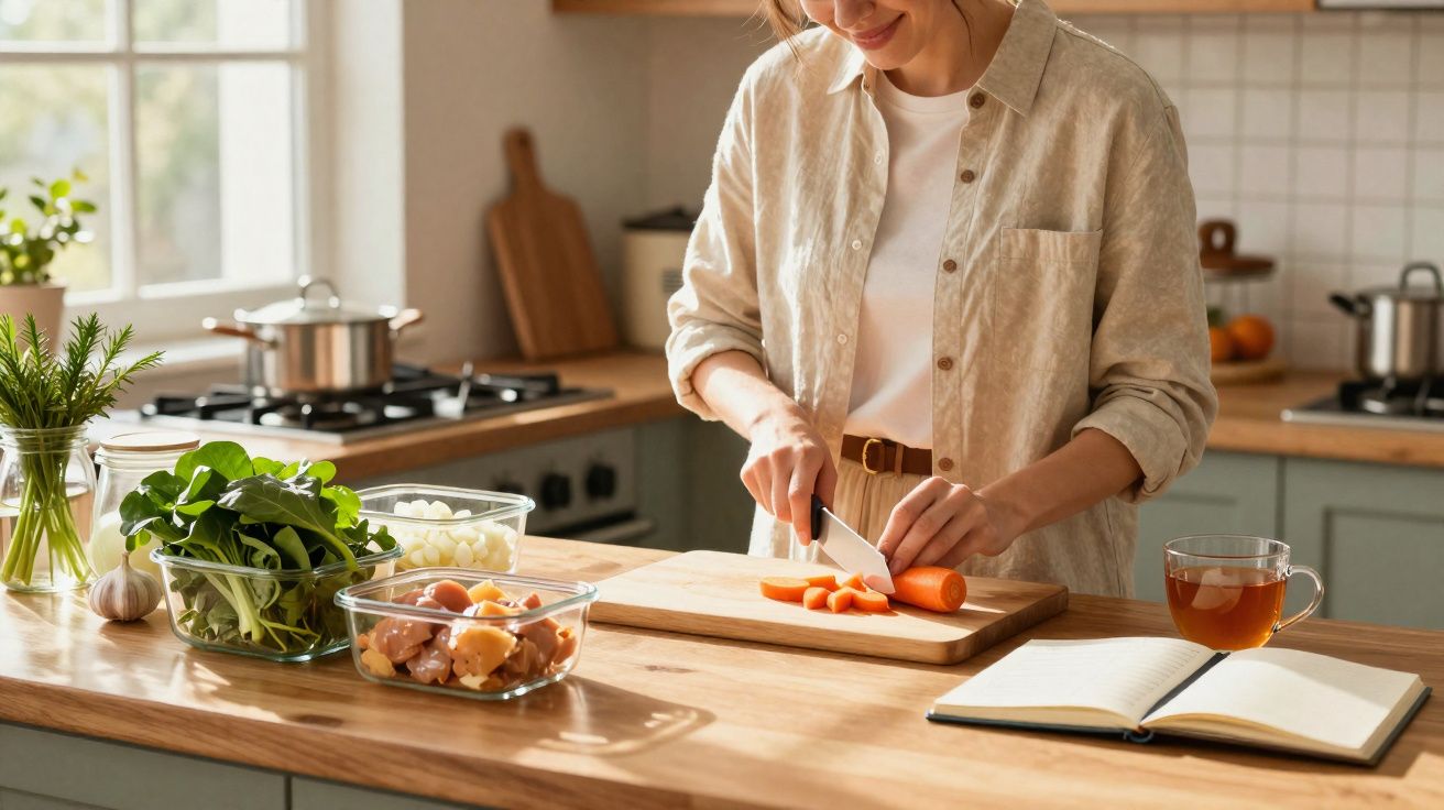 Pessoa cortando cenoura em uma cozinha iluminada com ingredientes e livro aberto sobre a bancada