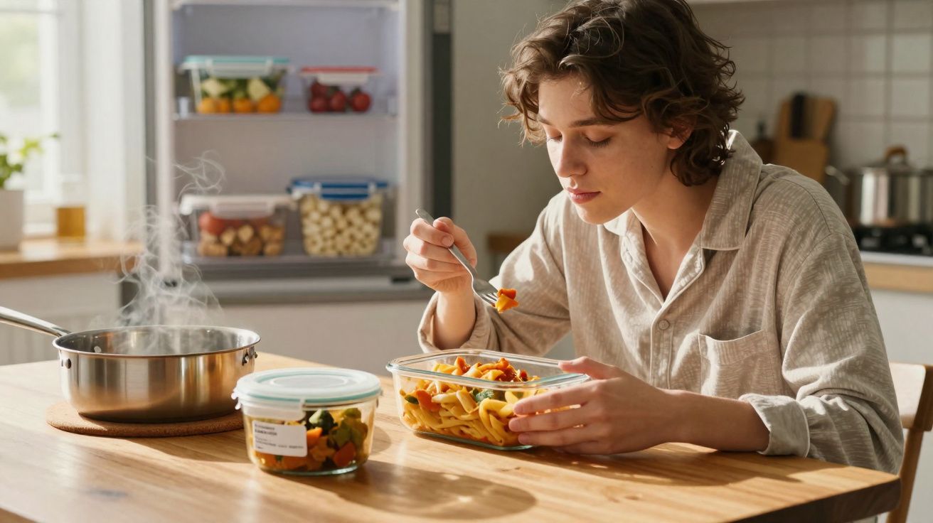Pessoa jovem em casa comendo macarrão em recipiente de vidro na cozinha iluminada pela manhã.
