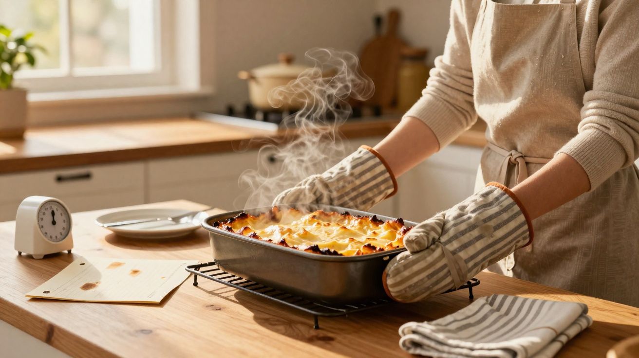 Pessoa com luvas de forno retirando torta quente fumegante do forno em cozinha iluminada naturalmente