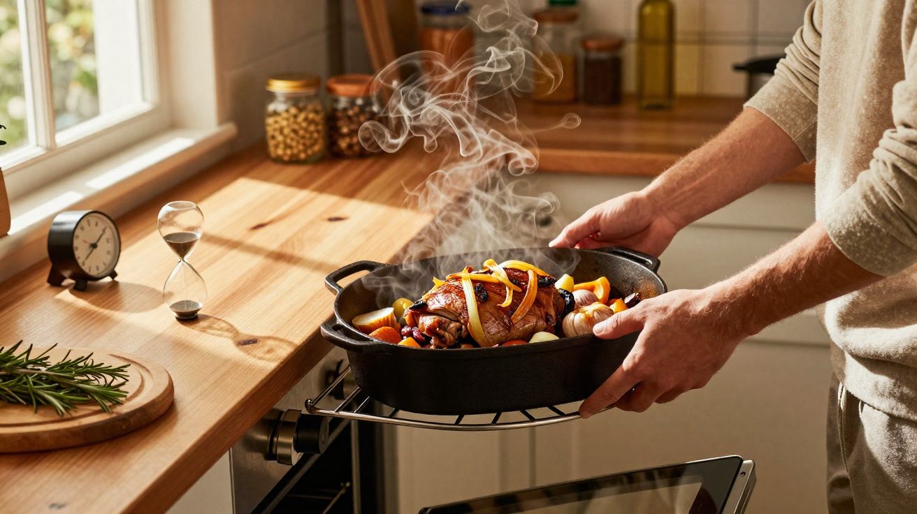 Pessoa retirando assado quente com legumes de forno em cozinha iluminada pela luz natural.