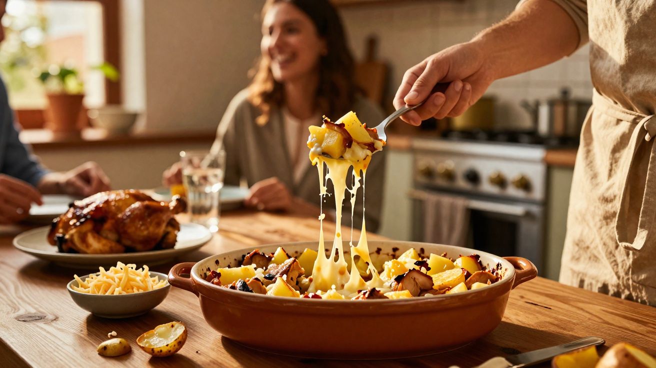 Pessoa servindo batatas com queijo derretido em forno caseiro, com outras pessoas ao fundo.