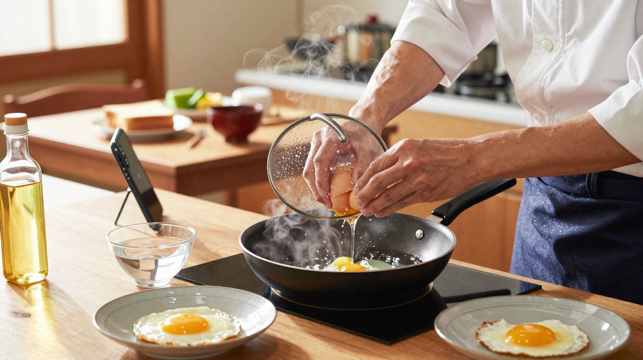 Pessoa quebrando ovos em frigideira para preparar ovos estrelados em cozinha doméstica.