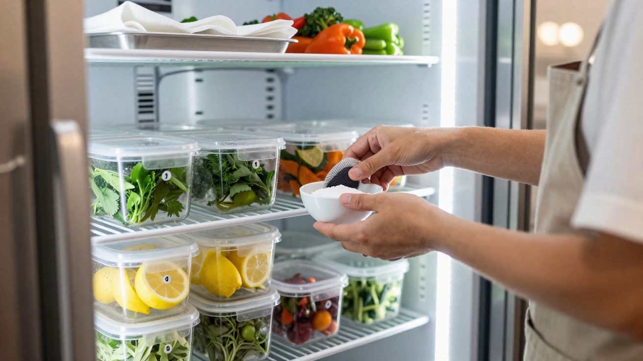Pessoa colocando sobremesa em pote branco dentro de geladeira com alimentos organizados em potes transparentes.