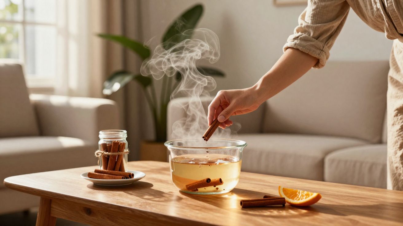 Mão colocando paus de canela em infusão quente sobre mesa de madeira com fatia de laranja e sofá ao fundo.