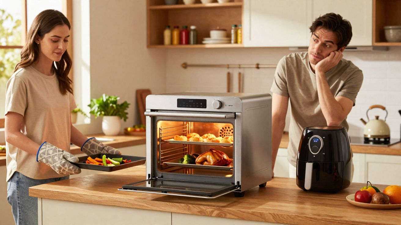 Mulher retira comida assada do forno elétrico enquanto homem observa na cozinha moderna.
