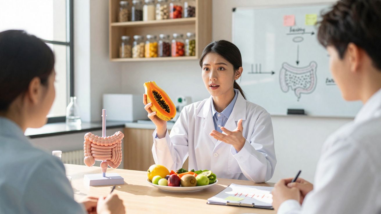 Profissional de saúde explicando sobre nutrição com frutas e modelo de intestino aos pacientes.