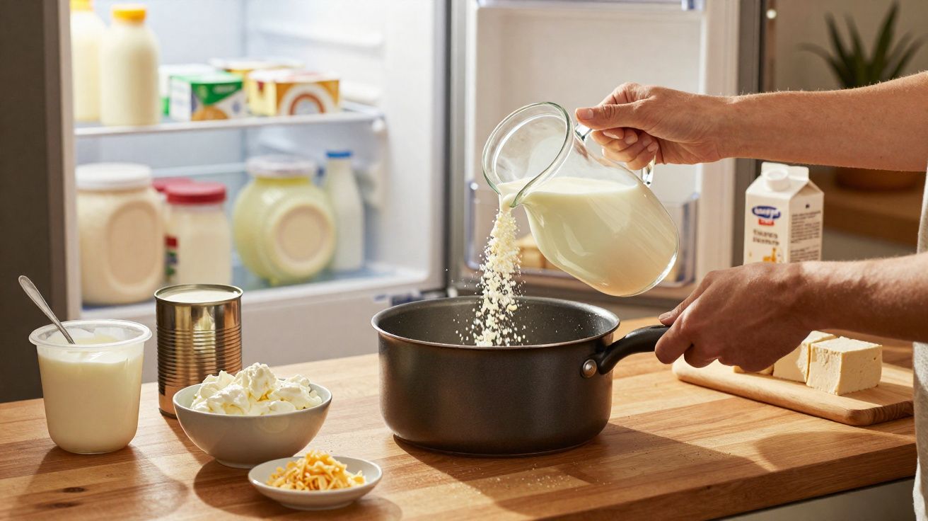 Pessoa despejando leite e arroz em panela com ingredientes lácteos ao fundo na cozinha.