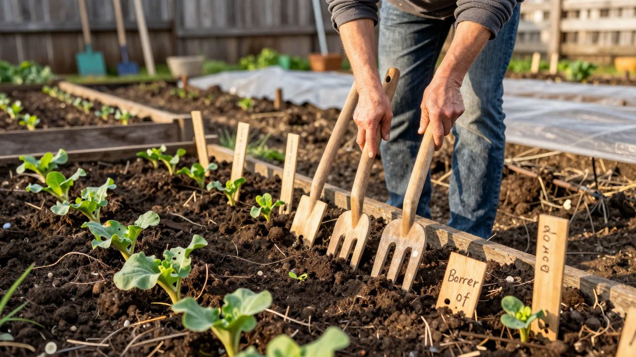 Pessoa preparando o solo de uma horta com garfos de jardim e mudas verdes em canteiros.