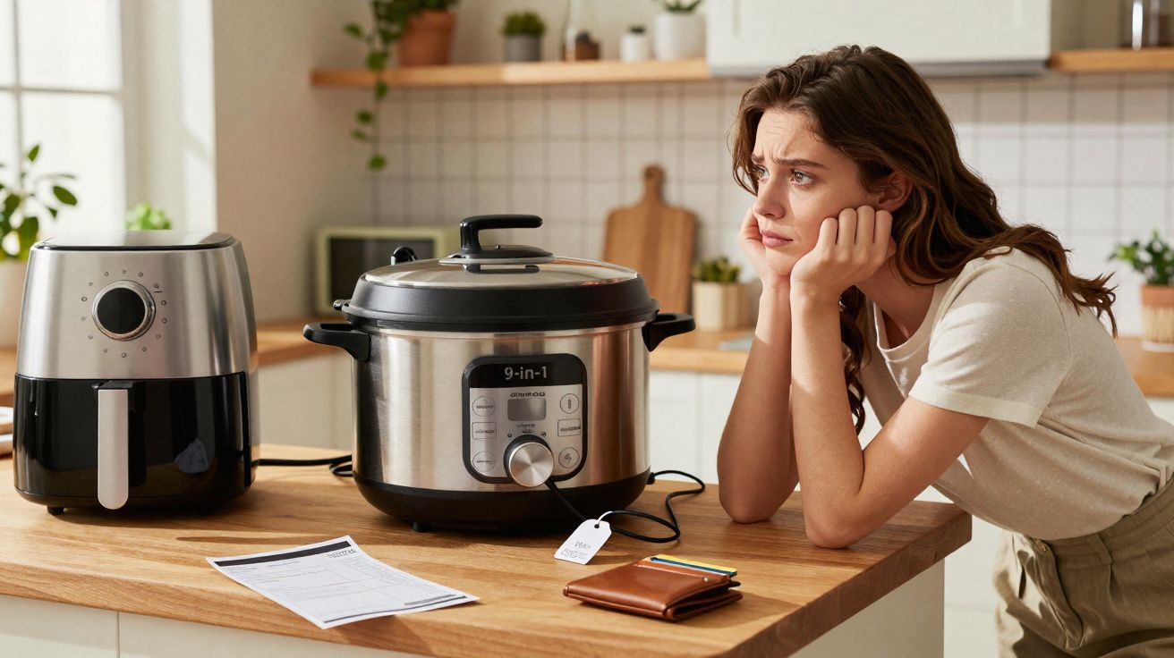 Mulher preocupada observa panela elétrica e fritadeira em bancada de cozinha moderna.