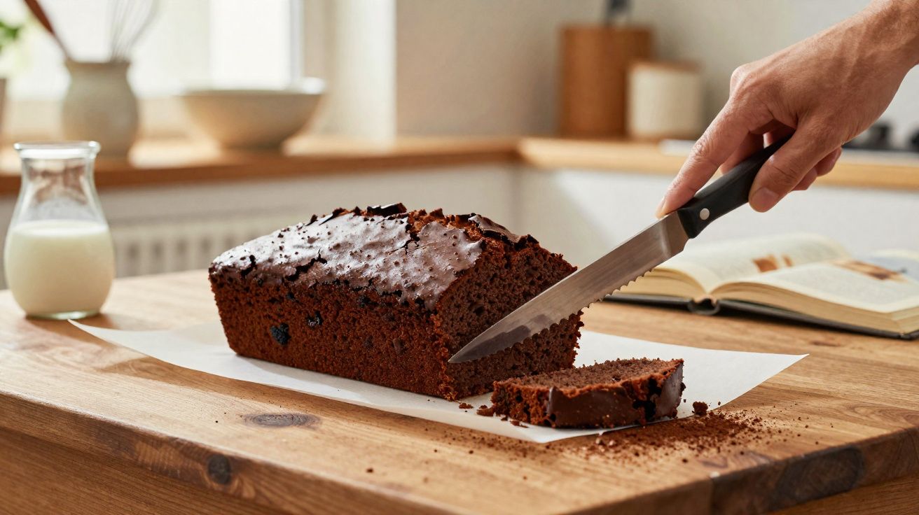 Bolo de chocolate sendo cortado com faca em bancada de madeira com jarra de leite ao fundo.