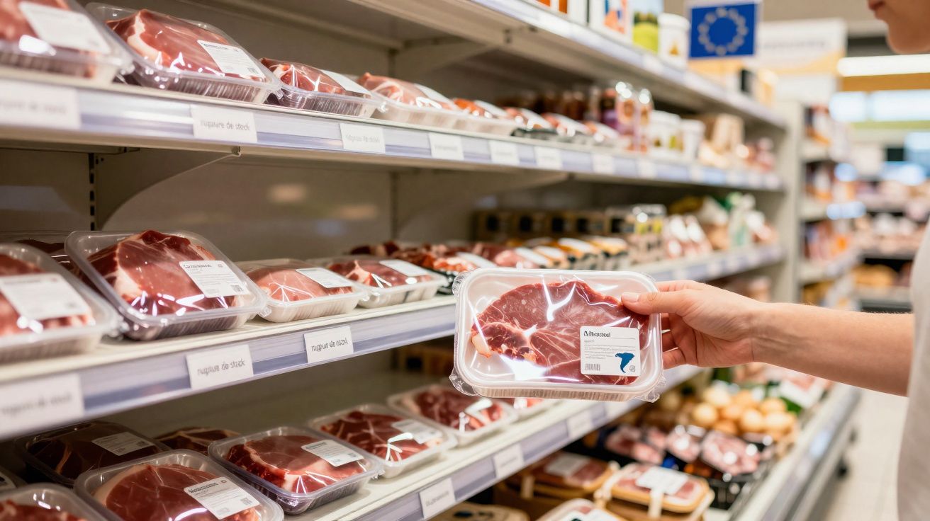 Pessoa segurando pacote de carne bovina embalada em supermercado na seção de carnes.