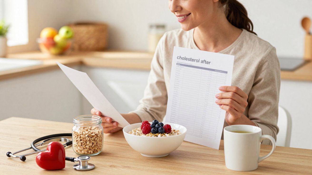 Mulher sorrindo lê resultados de colesterol junto a tigela de cereal, maçã, estetoscópio e xícara na mesa.