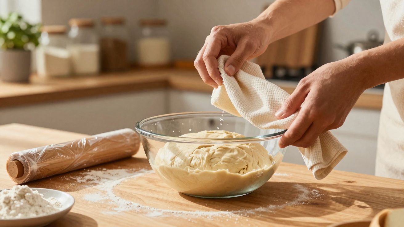 Mãos secando tigela de vidro com massa de pão crescente sobre bancada de madeira na cozinha.