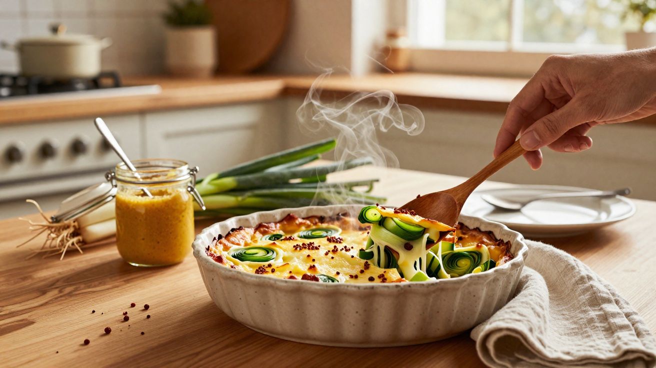 Pessoa servindo quiche quente com legumes frescos e fumaça em recipiente branco na cozinha iluminada
