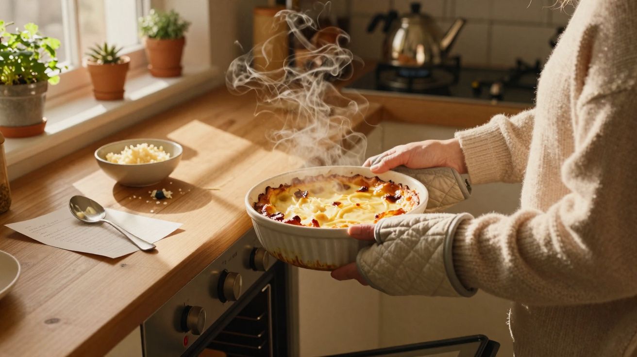 Pessoa retirando uma forma de torta quente do forno em cozinha aconchegante com plantas na janela.