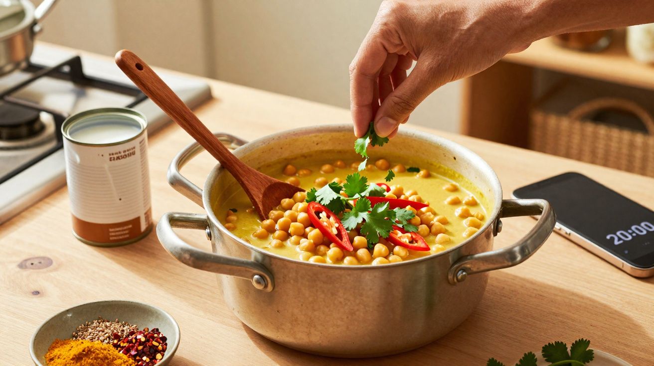Pessoa finalizando prato de grão-de-bico com curry, pimenta e coentro em panela na mesa de madeira.
