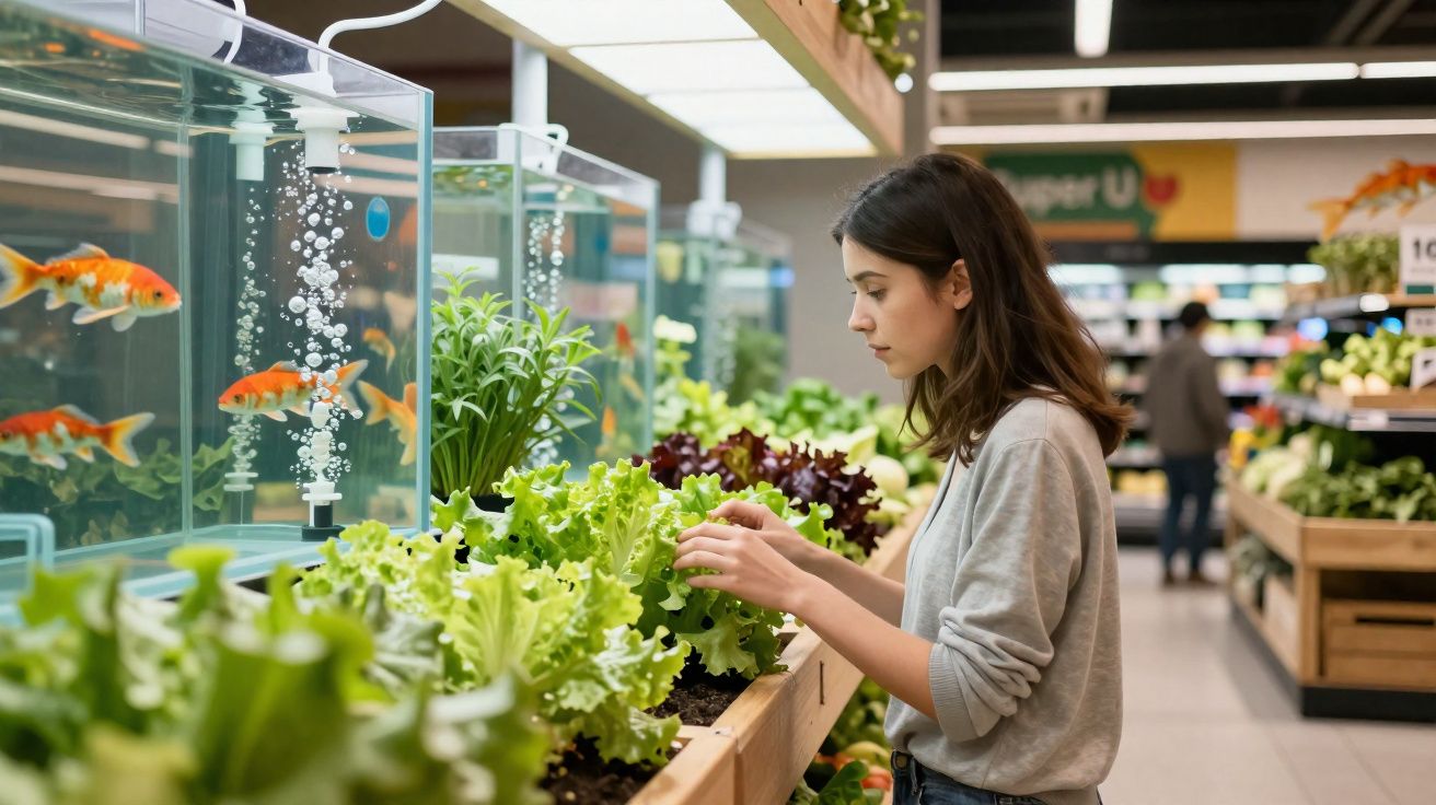 Jovem mulher escolhe verduras frescas em exposição com aquários ao lado em mercado.