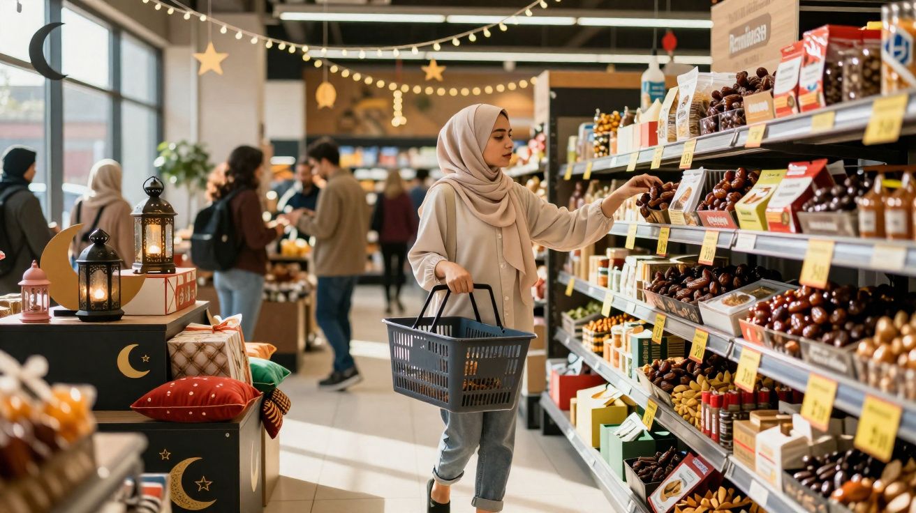 Mulher de hijab faz compras em mercado decorado com lanternas e estrelas para o Ramadã.