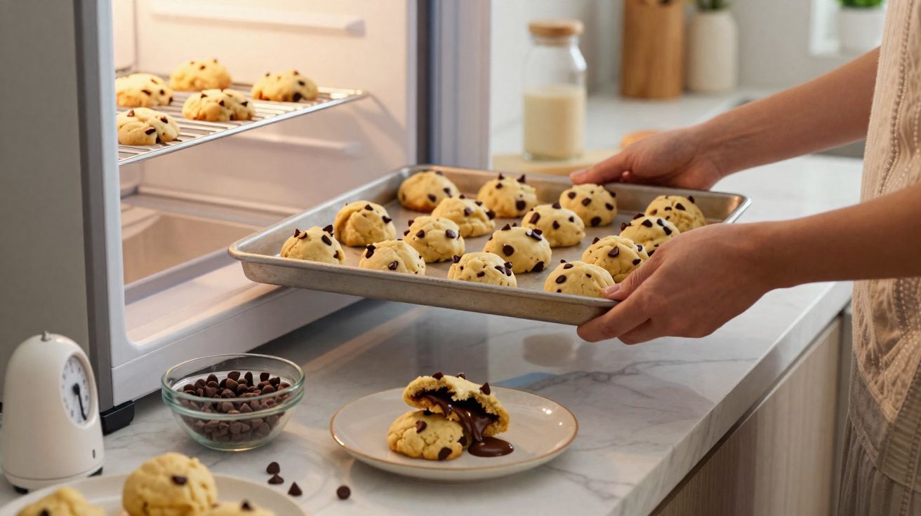 Pessoa colocando assadeira com bolinhas de cookie de chocolate para assar no forno.