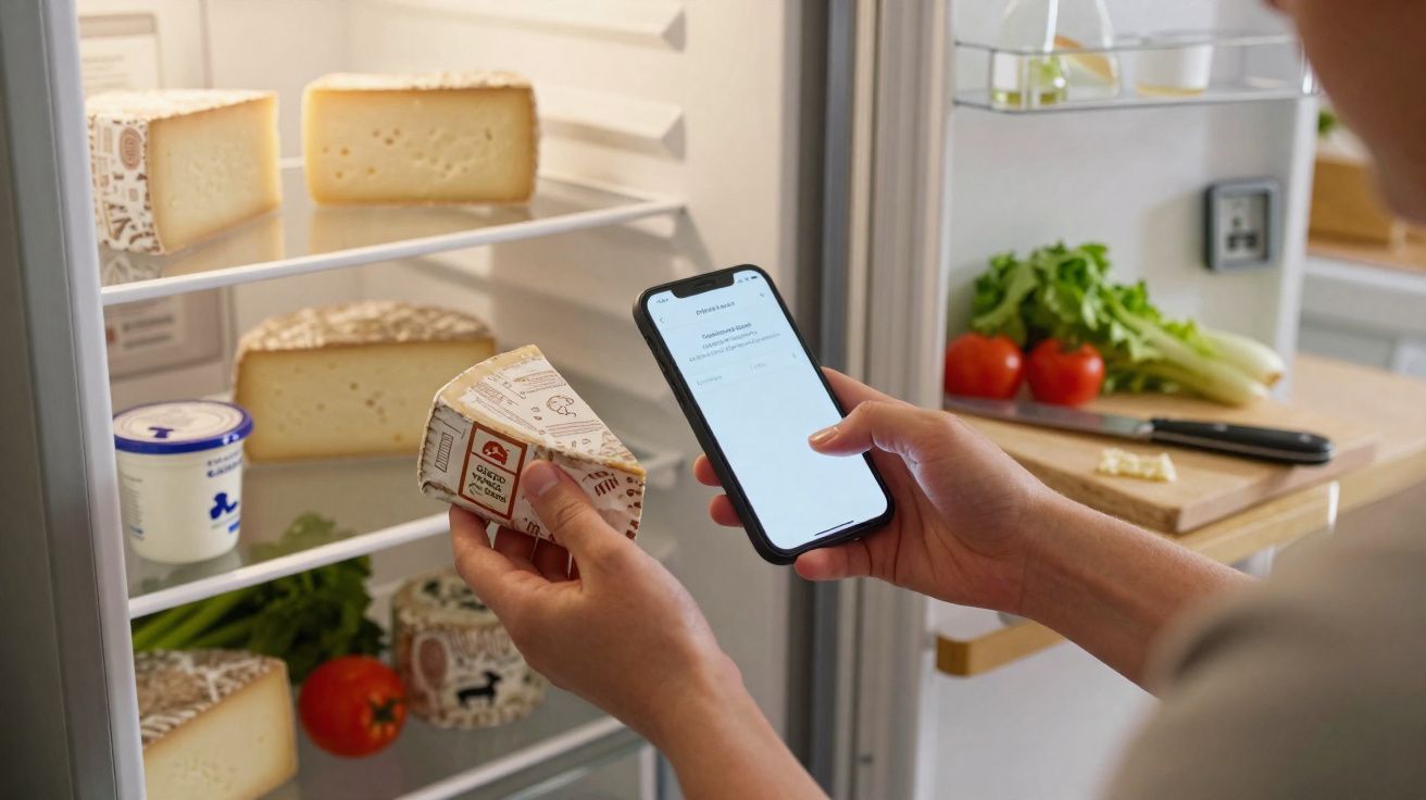 Pessoa segurando queijo e celular com geladeira aberta e alimentos frescos em cozinha iluminada.