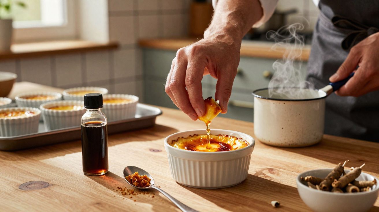 Pessoa caramelizando a superfície de um creme brûlée em um ramequim na cozinha.