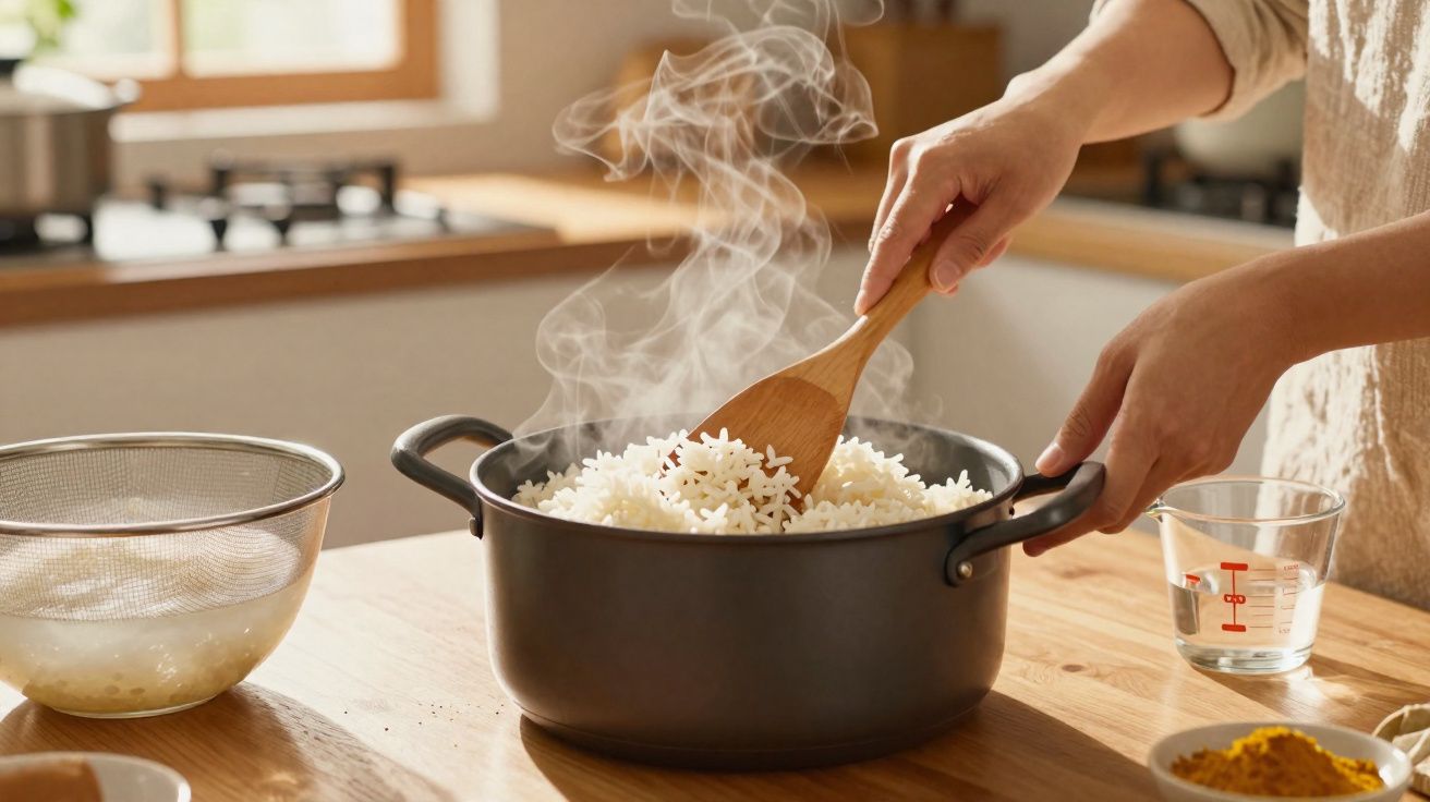 Mãos mexendo arroz quente em panela preta com vapor, ao lado de coador, copo medidor e temperos na mesa.