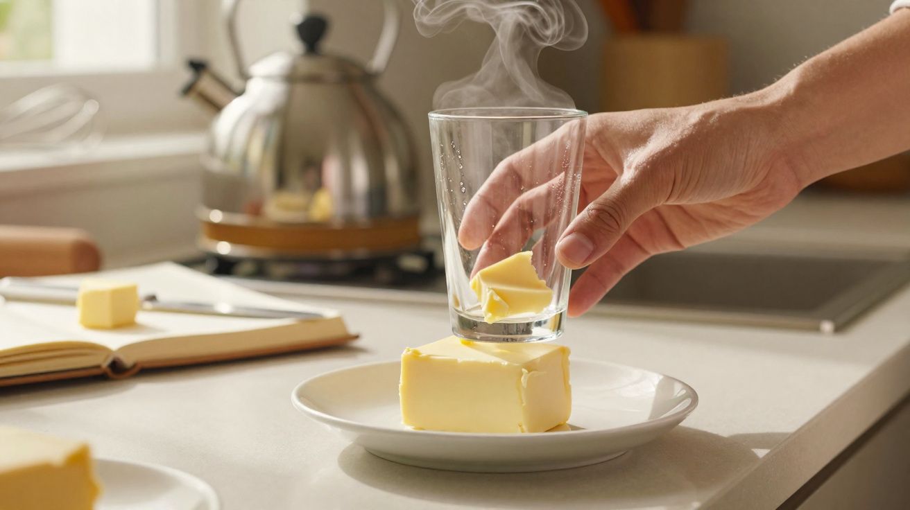Mão segurando copo com pedaço de manteiga derretendo sobre um prato, chaleira ao fundo na cozinha.