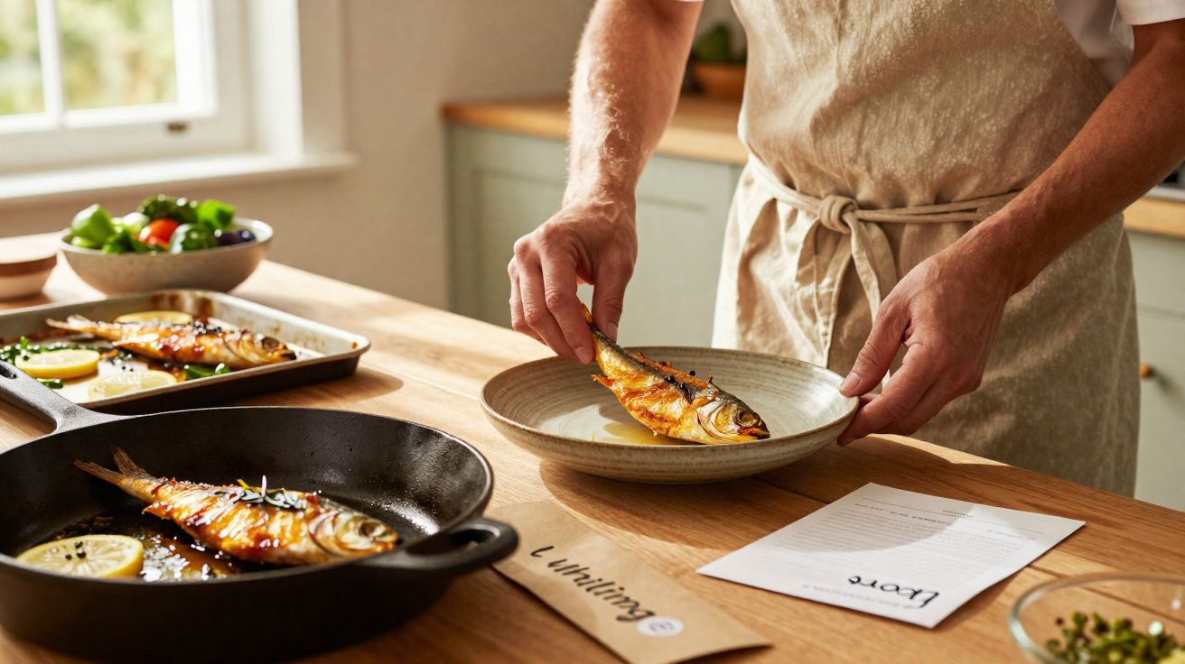 Pessoa servindo peixe grelhado em prato na cozinha com frigideira e receita na mesa.