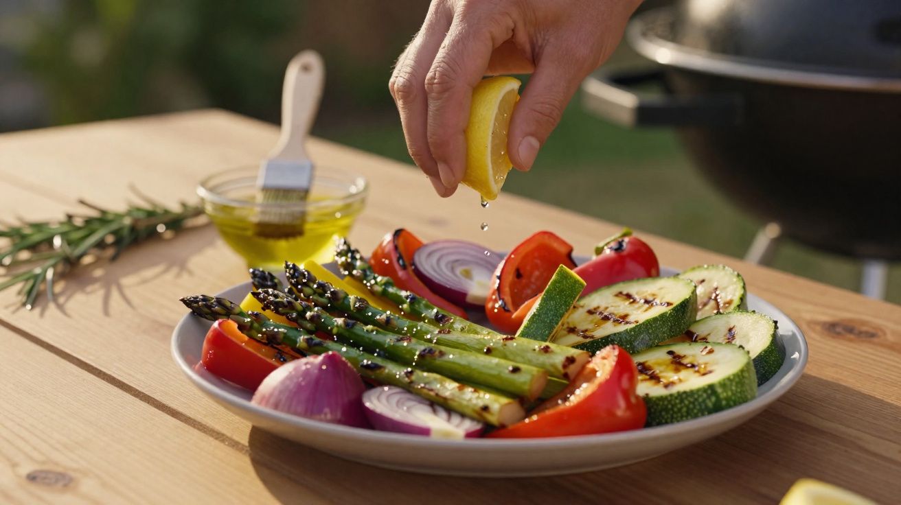 Hand squeezing lemon over plate of grilled vegetables including asparagus, zucchini, onion, and tomato on wooden table.