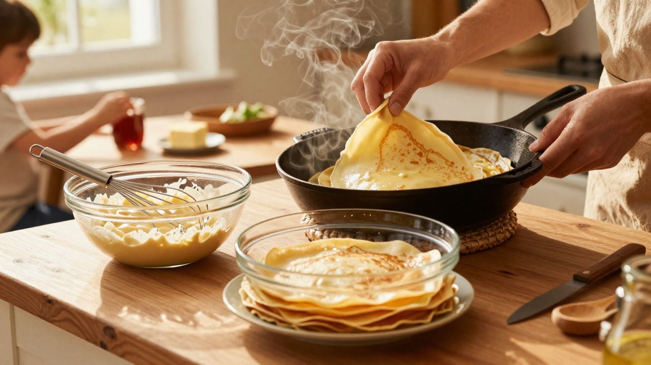 Pessoa retirando panqueca quente de frigideira, com massa e panquecas prontas sobre mesa de madeira.