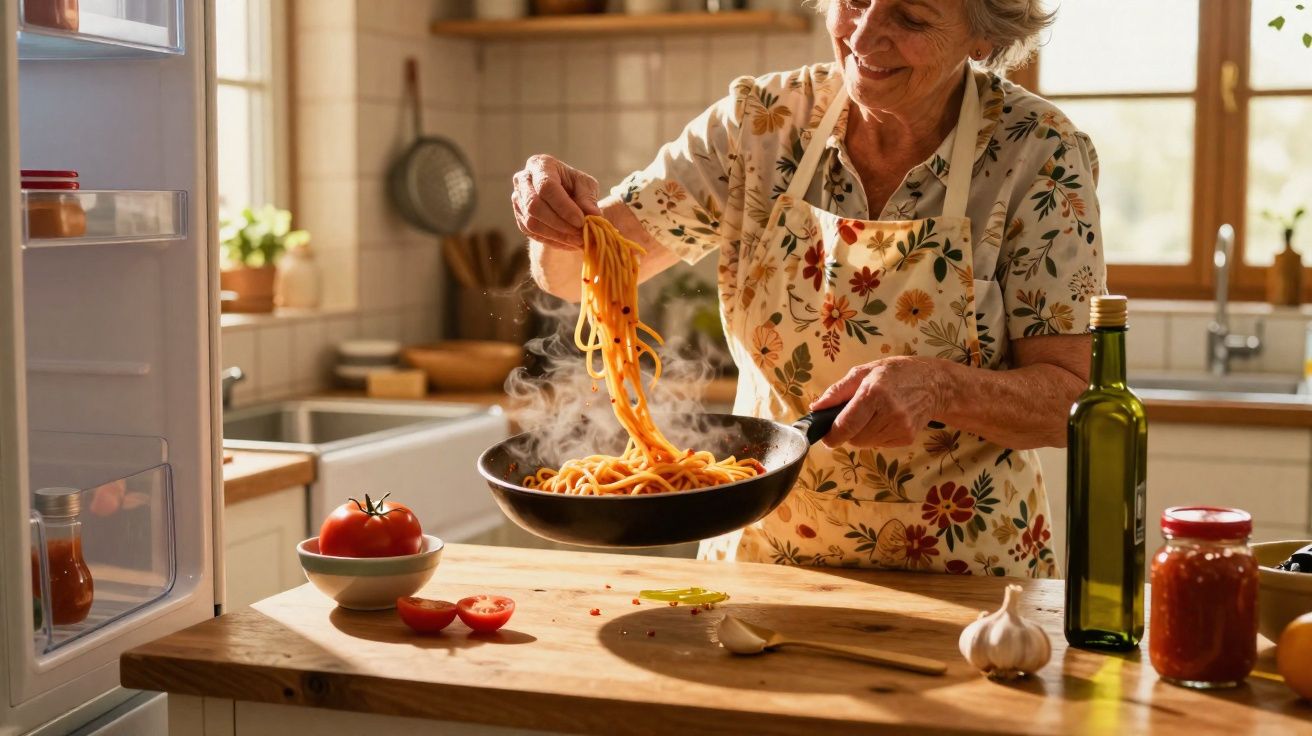 Idosa preparando macarrão em frigideira na cozinha iluminada e arejada.