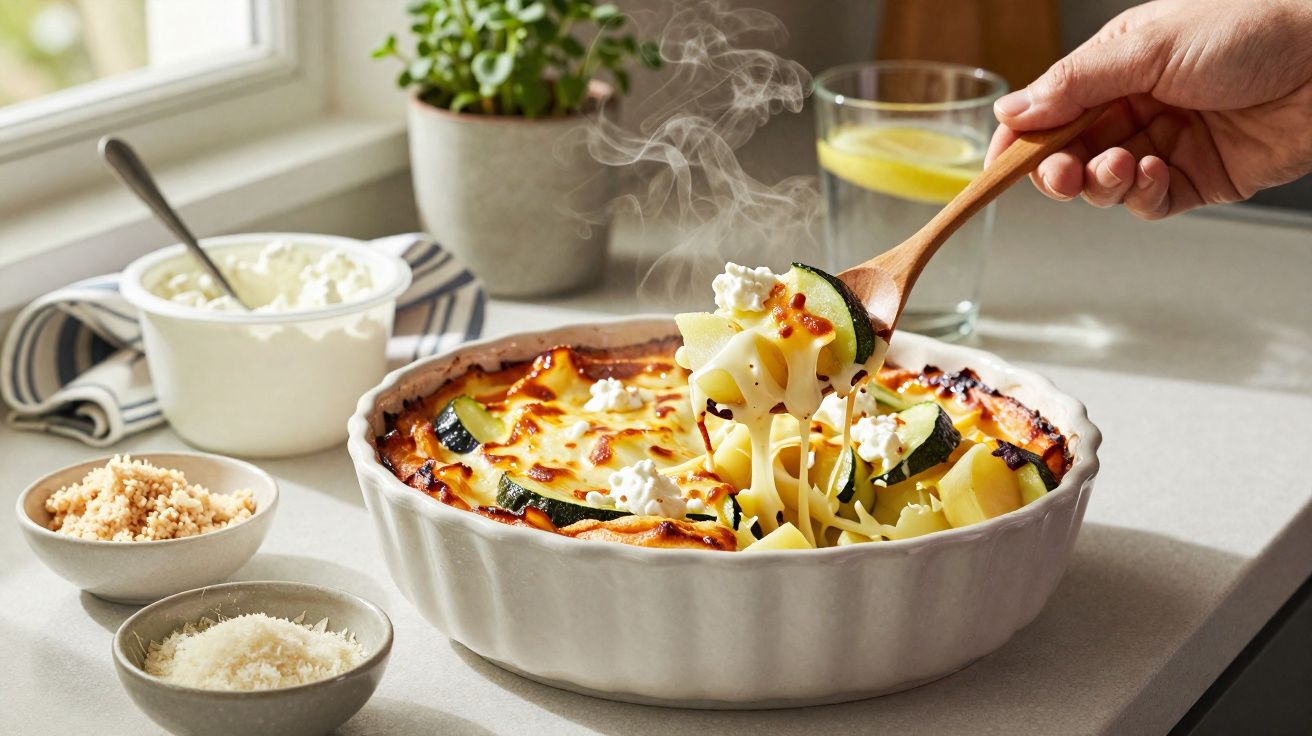 Mão pegando macarrão quente gratinado com abobrinha e queijo em travessa branca, ao lado de potes com temperos.