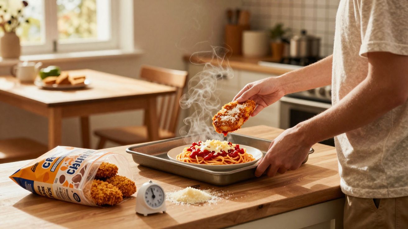 Pessoa colocando crocante de frango quente em prato com macarrão e molho marinara em cozinha iluminada.