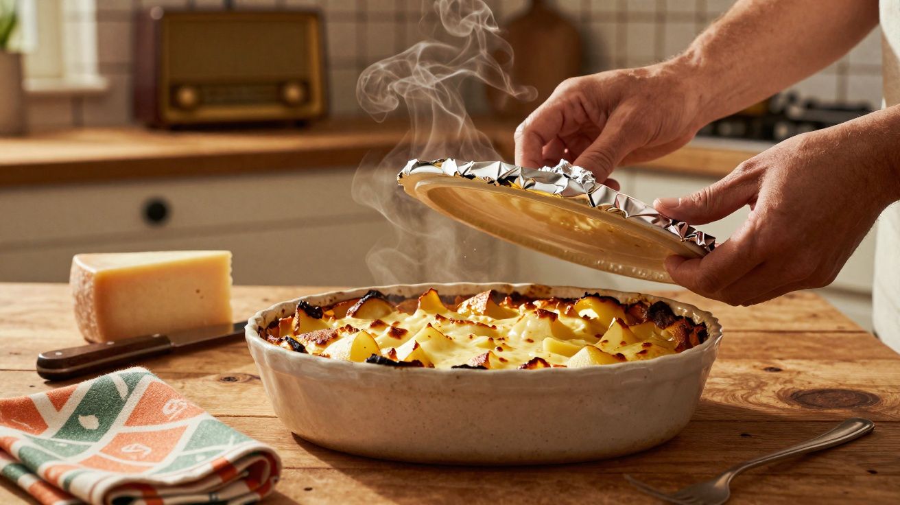 Prato de cerâmica com batatas gratinadas liberando vapor ao ser destampado na cozinha.