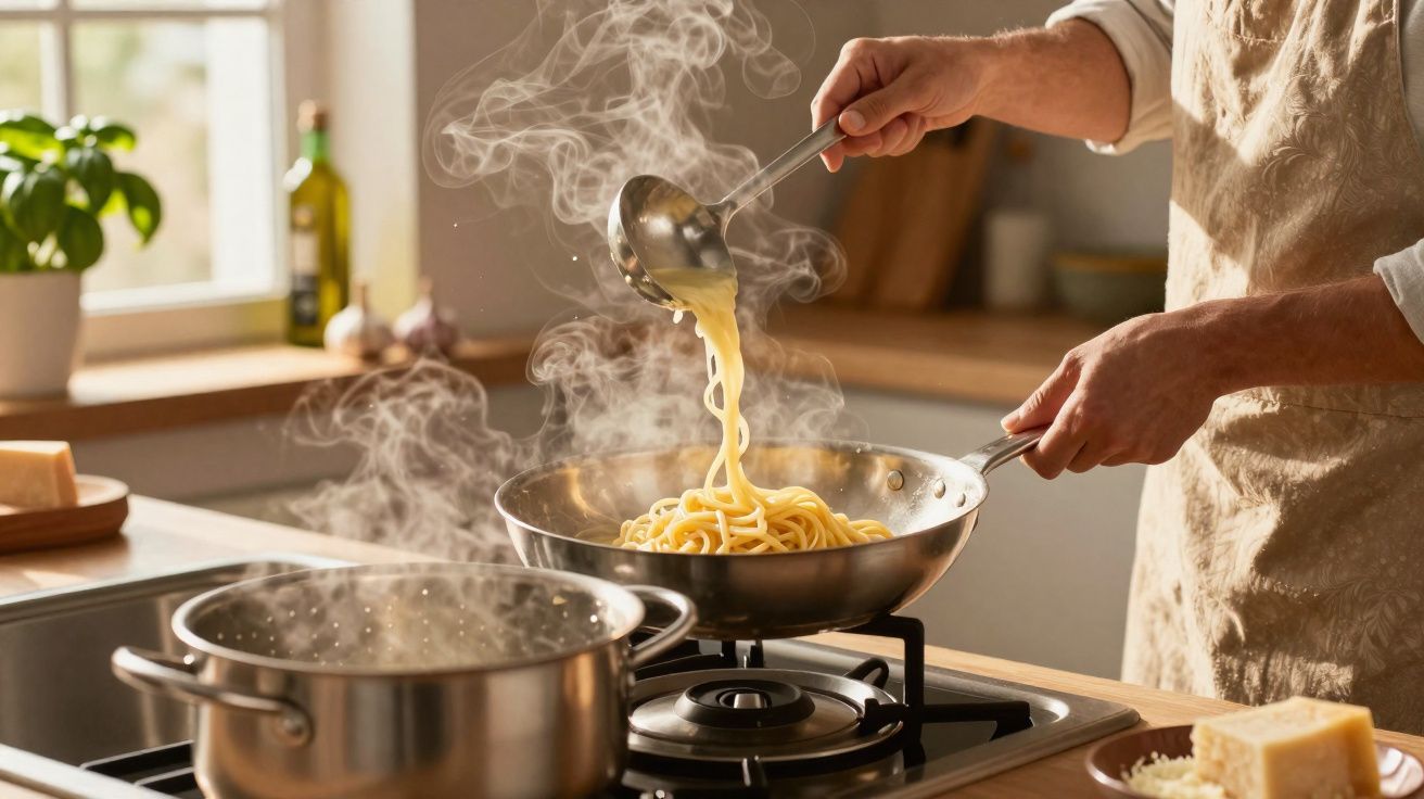 Pessoa cozinhando macarrão na frigideira com molho, com panela fumegante no fogão em cozinha iluminada.