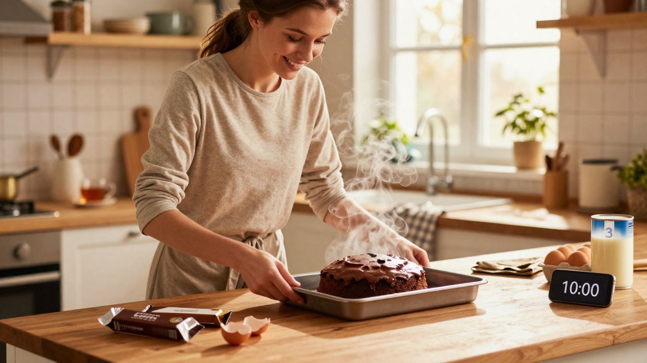 Mulher sorrindo retirando bolo de chocolate fumegante do forno em cozinha iluminada.