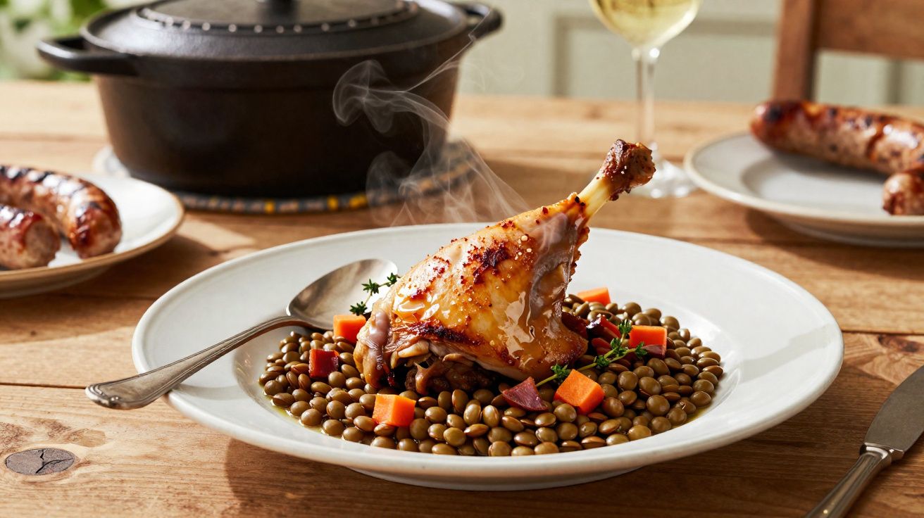 Prato de lentilhas com coxa de frango assada e legumes num prato branco sobre mesa de madeira.