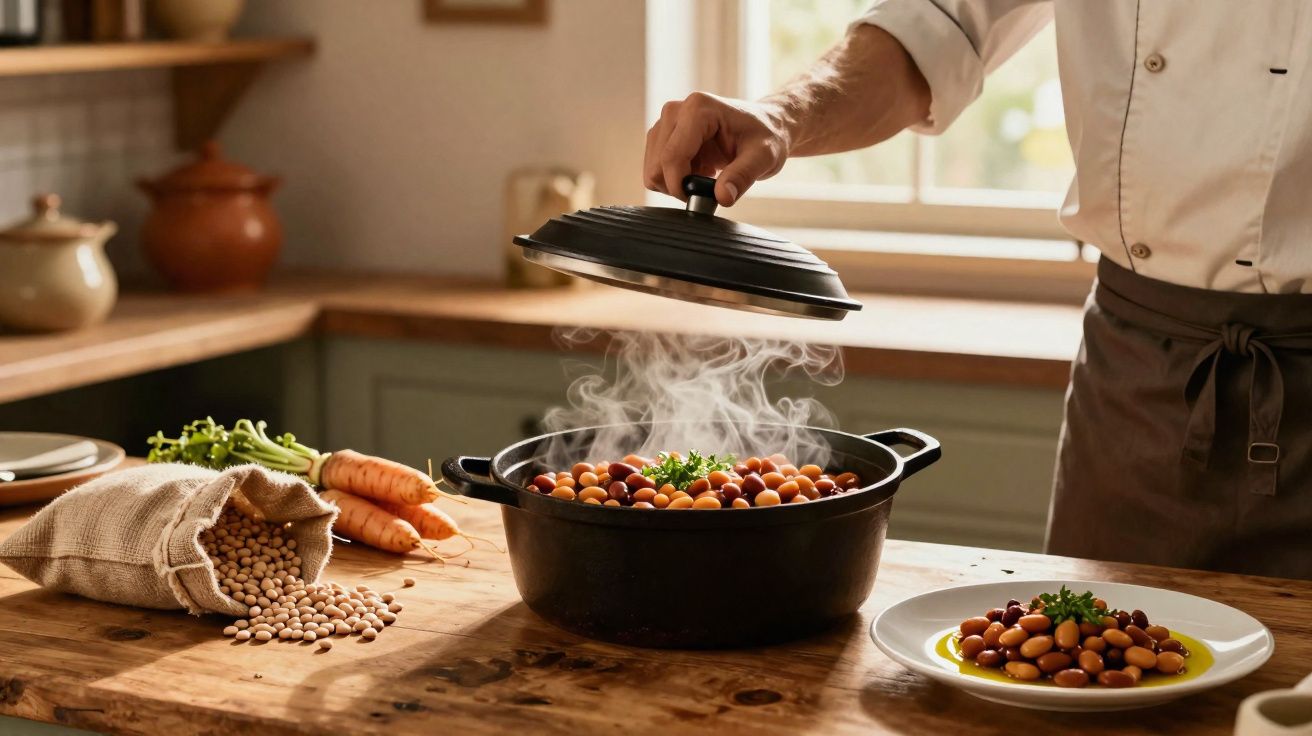 Pessoa abrindo tampa de panela com feijão cozido em cozinha rústica, acompanhada de cenouras e prato vazio.