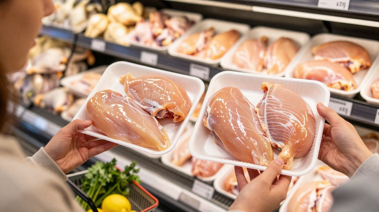 Pessoa segurando embalagens de peito de frango cru em supermercado, comparando produtos na gôndola.