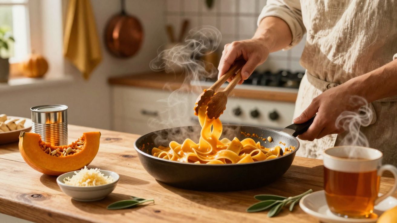 Pessoa cozinhando massa fresca com molho de abóbora em frigideira, ao lado de abóbora, queijo ralado e chá quente.
