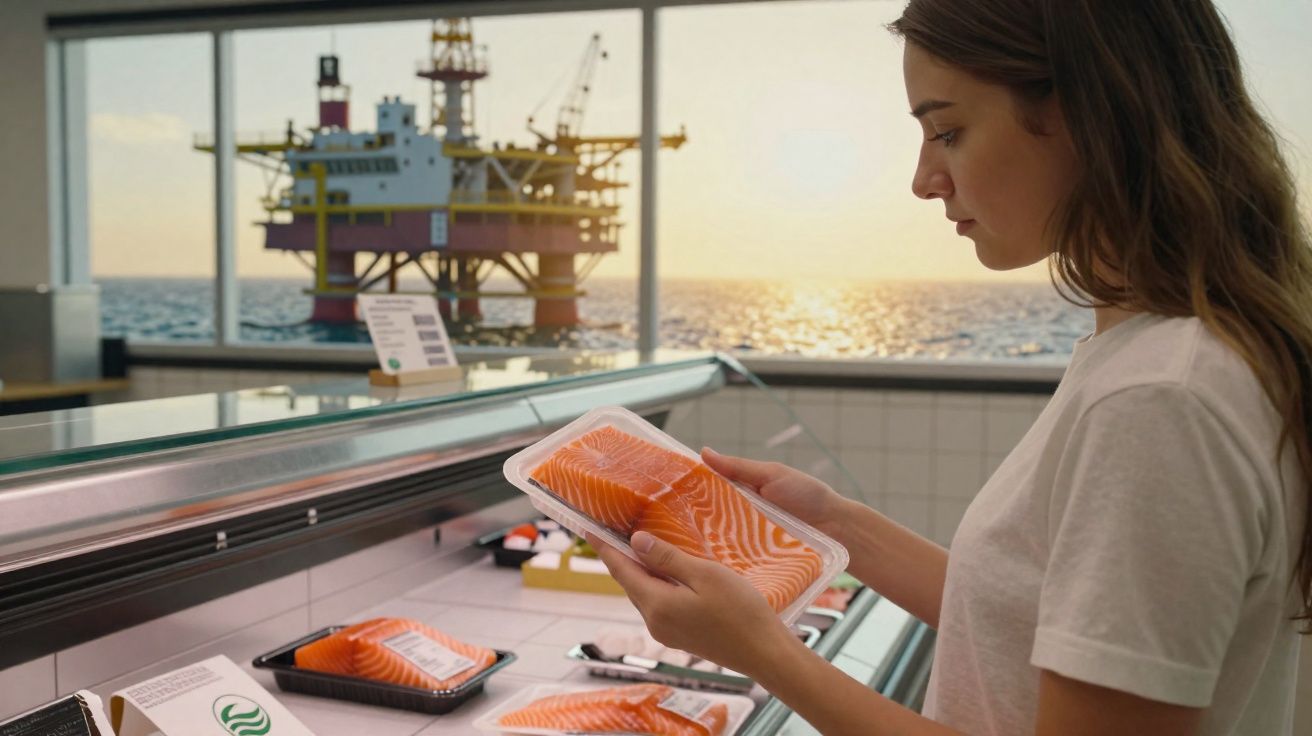 Mulher observa embalagem de salmão em supermercado com plataforma de petróleo ao fundo no mar.