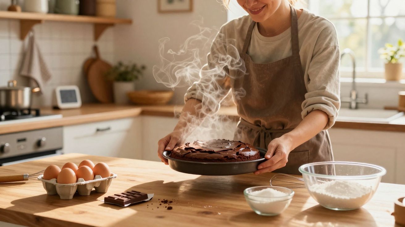 Pessoa segurando bolo de chocolate recém-assado e fumegante em cozinha aconchegante com ingredientes na bancada.