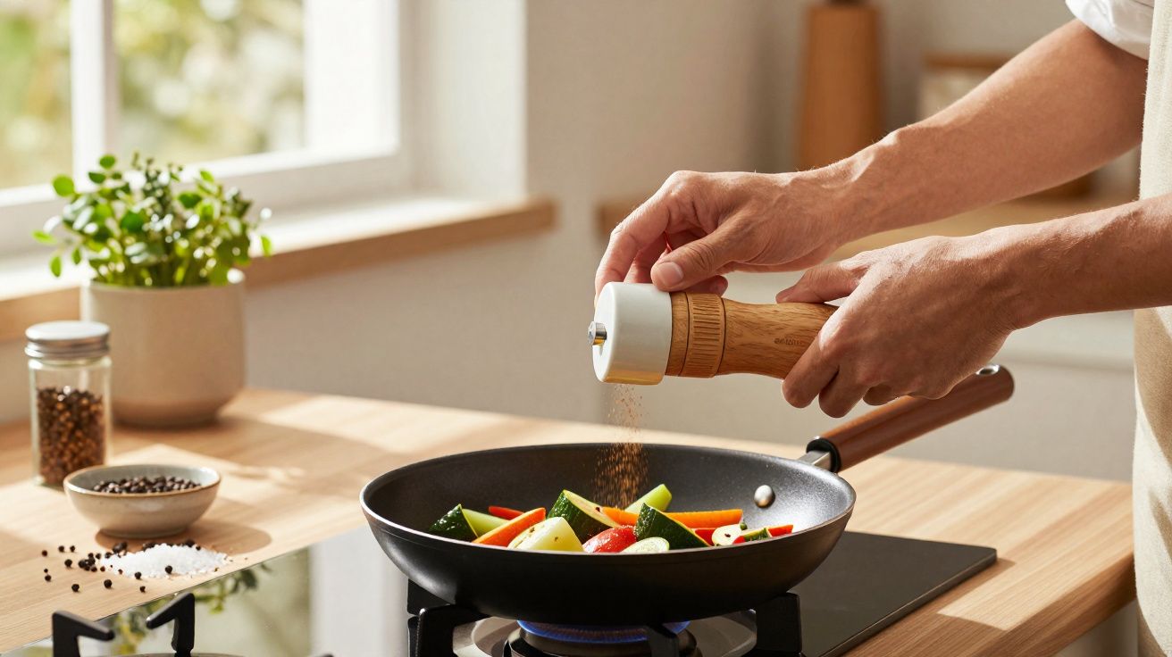 Mãos moendo tempero sobre legumes coloridos em frigideira no fogão em cozinha iluminada.