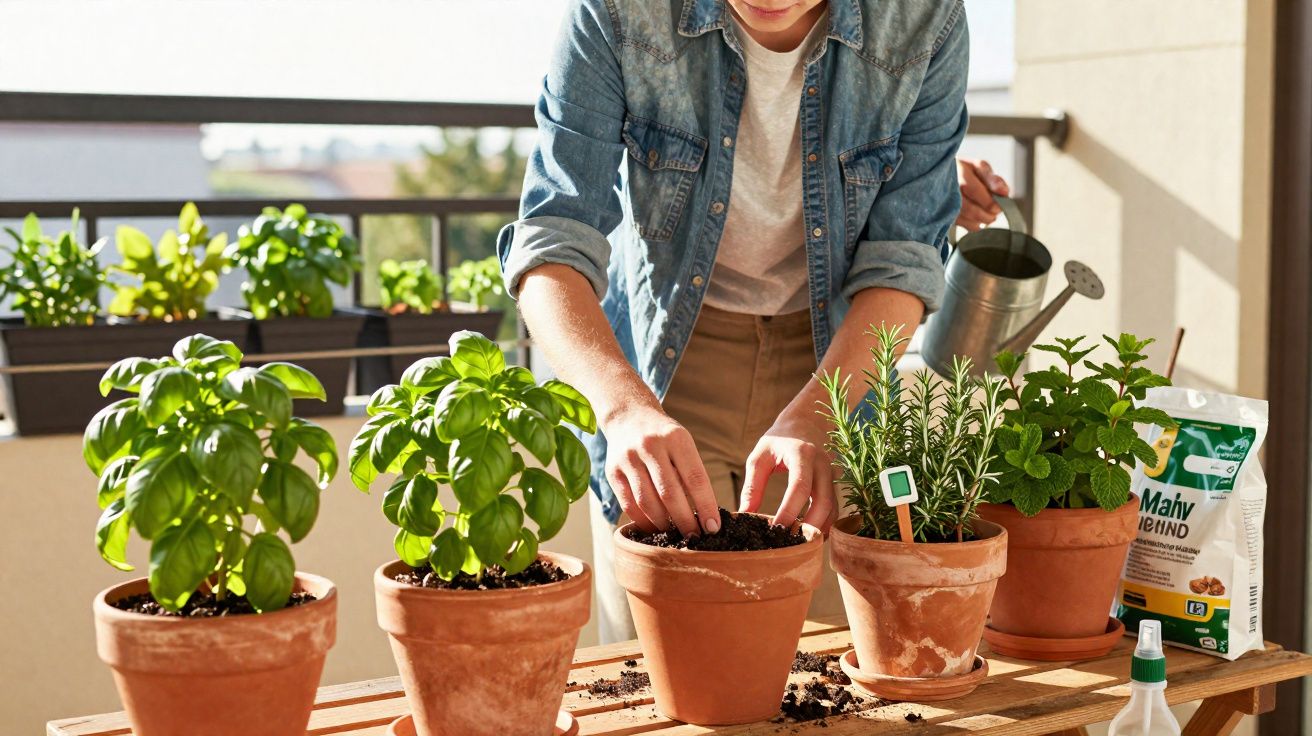 Pessoa cuidando de plantas em vasos de barro em uma varanda ensolarada, regando e plantando ervas.