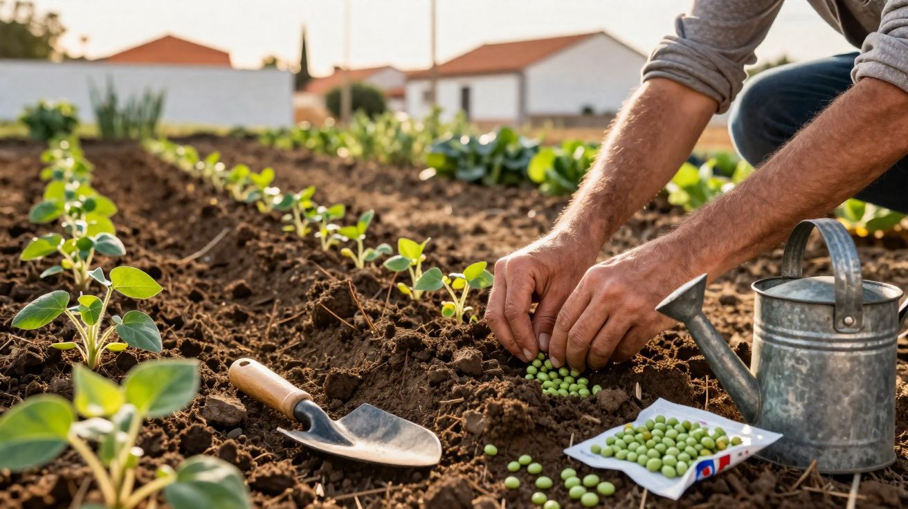 Mãos plantando sementes verdes na terra de um jardim, ao lado de uma pá pequena e regador metálico.