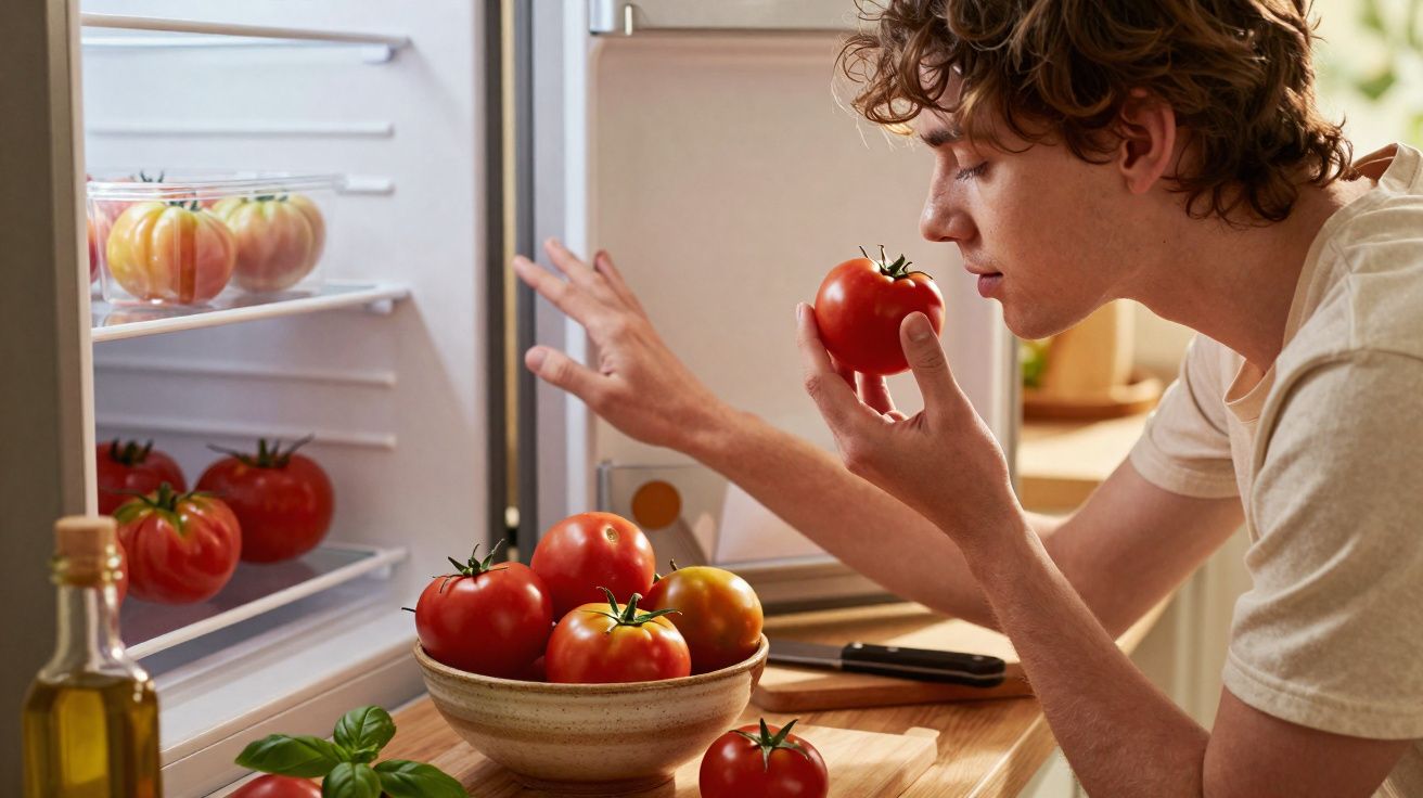 Jovem segurando tomate próximo à geladeira aberta, com mais tomates em uma tigela na bancada da cozinha.