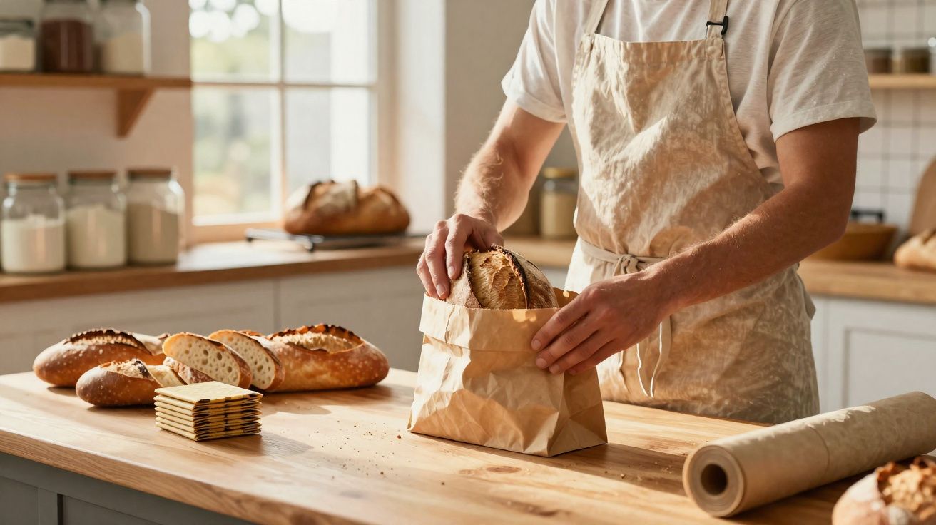 Pessoa embalando pão artesanal em saco de papel em cozinha com bancada de madeira.